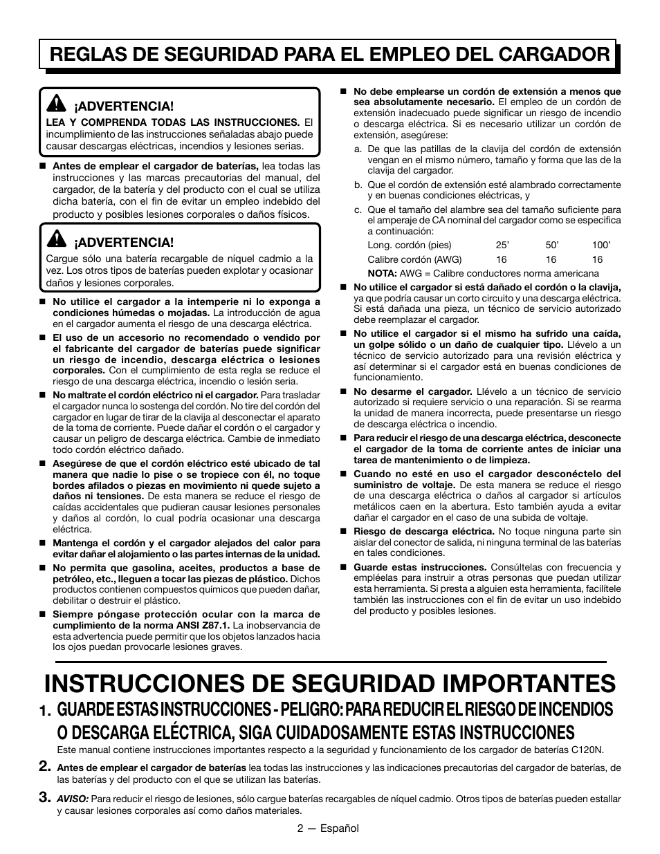 Instrucciones de seguridad importantes, Reglas de seguridad para el empleo del cargador | Ryobi C120N User Manual | Page 12 / 20