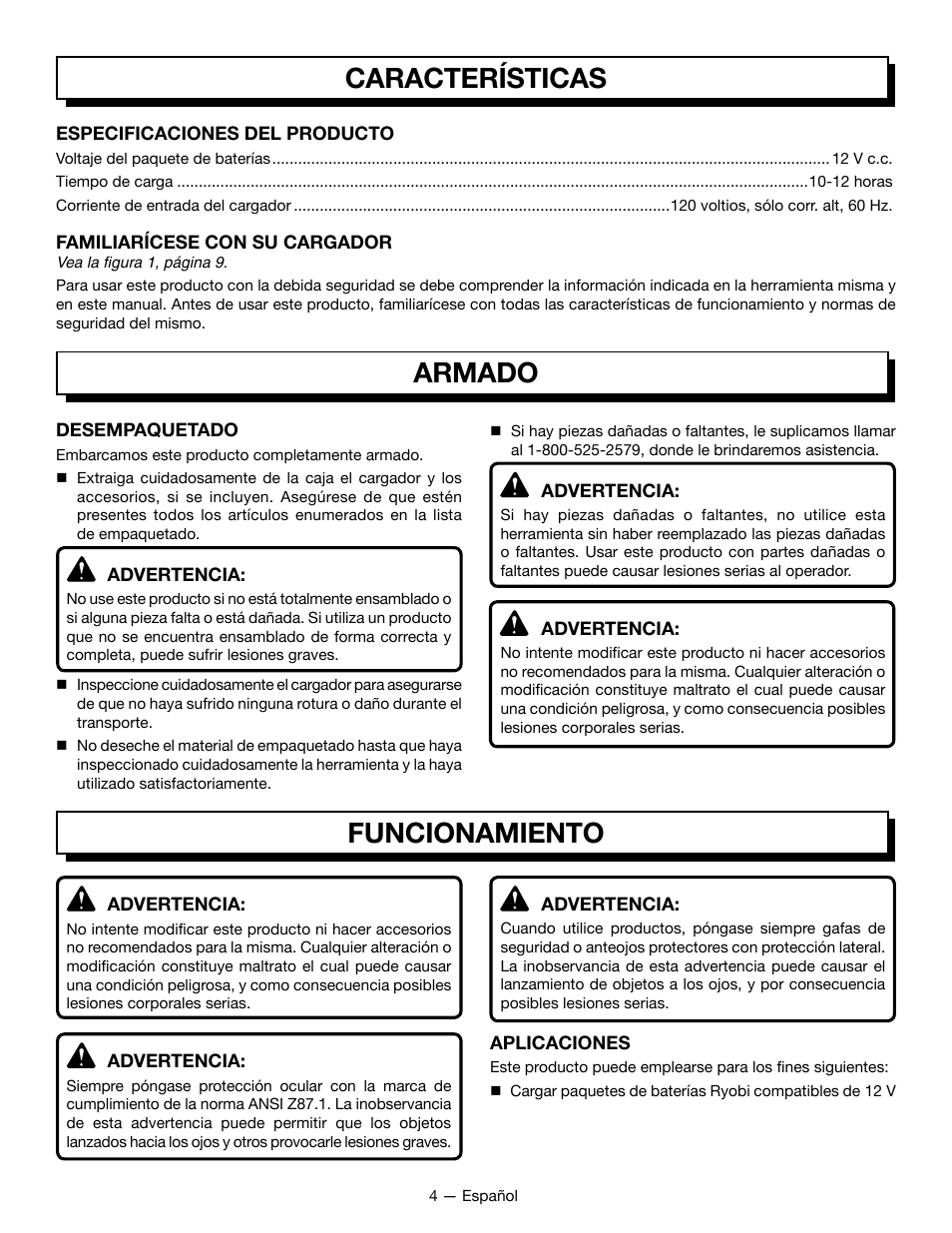 Características armado funcionamiento | Ryobi C120N User Manual | Page 14 / 20