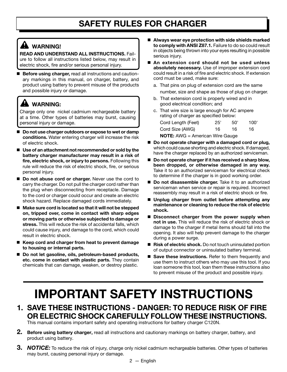 Important safety instructions, Safety rules for charger | Ryobi C120N User Manual | Page 2 / 20