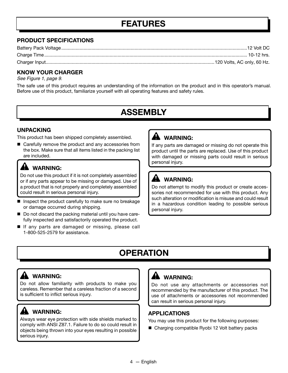 Features assembly operation | Ryobi C120N User Manual | Page 4 / 20