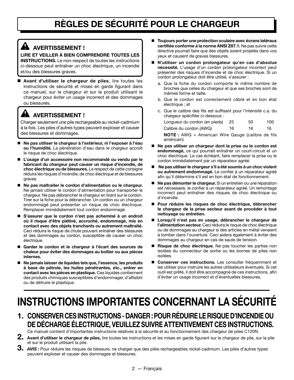 Instructions importantes concernant la sécurité, Règles de sécurité pour le chargeur | Ryobi C120N User Manual | Page 7 / 20