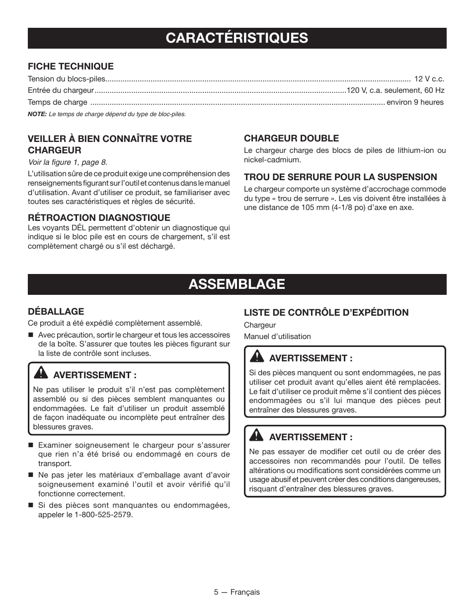 Caractéristiques, Assemblage | Ryobi C122D User Manual | Page 11 / 24