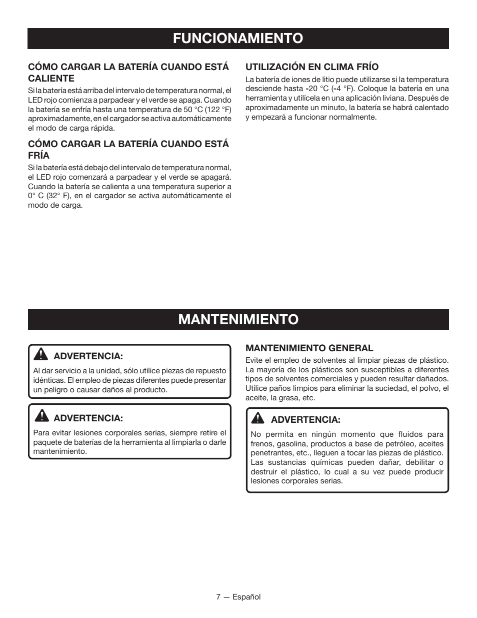 Funcionamiento, Mantenimiento | Ryobi C122D User Manual | Page 19 / 24