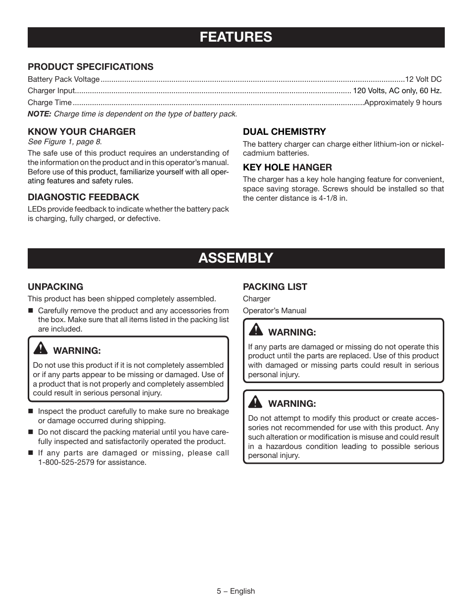 Features, Assembly | Ryobi C122D User Manual | Page 5 / 24