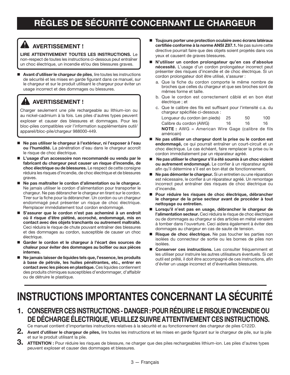 Instructions importantes concernant la sécurité, Règles de sécurité concernant le chargeur | Ryobi C122D User Manual | Page 9 / 24