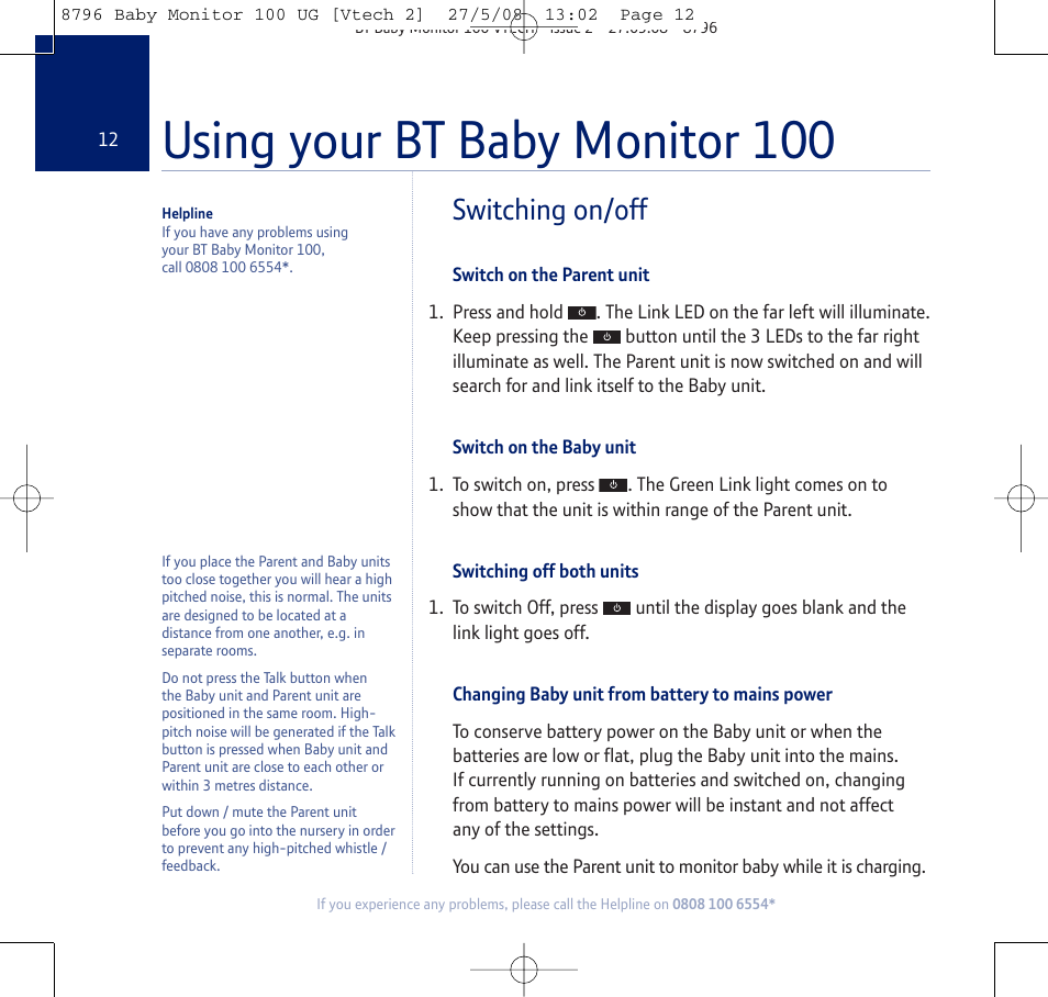 Using your bt baby monitor 100, Switching on/off | BT VTECH User Manual | Page 12 / 24