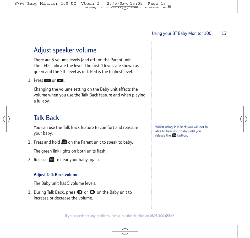 Adjust speaker volume, Talk back | BT VTECH User Manual | Page 13 / 24