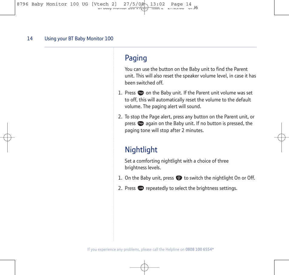 Paging, Nightlight | BT VTECH User Manual | Page 14 / 24