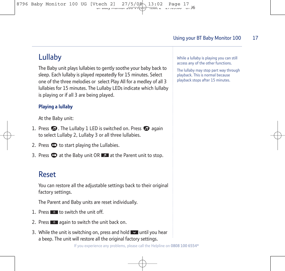 Lullaby, Reset | BT VTECH User Manual | Page 17 / 24
