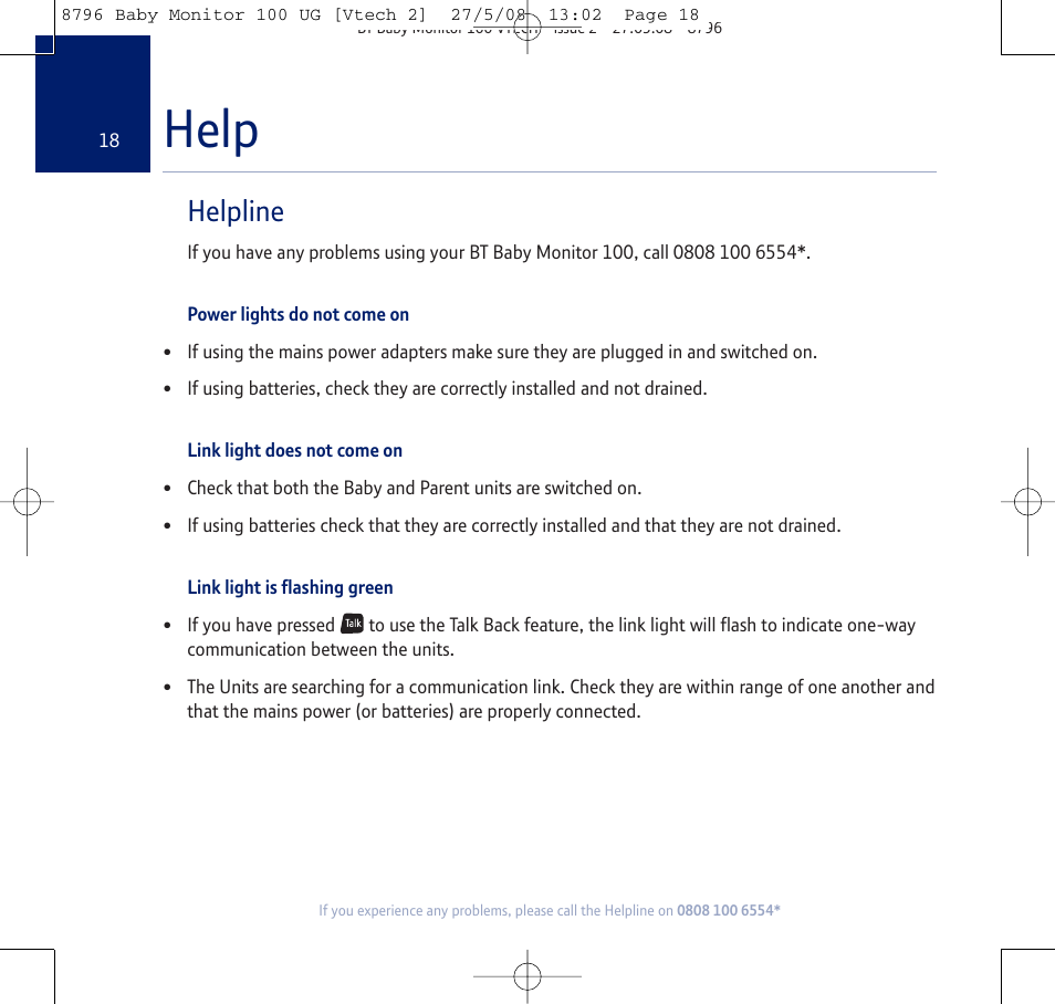 Help, Helpline | BT VTECH User Manual | Page 18 / 24