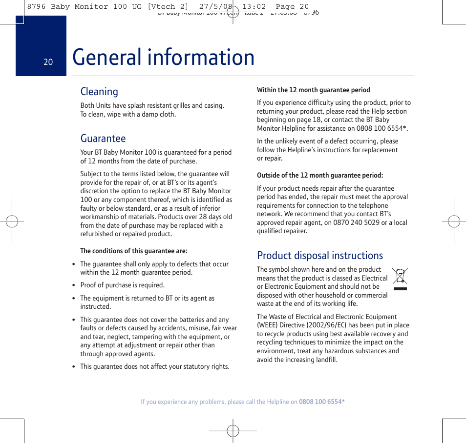 General information, Cleaning, Guarantee | Product disposal instructions | BT VTECH User Manual | Page 20 / 24