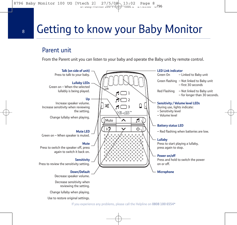 Getting to know your baby monitor, Parent unit | BT VTECH User Manual | Page 8 / 24