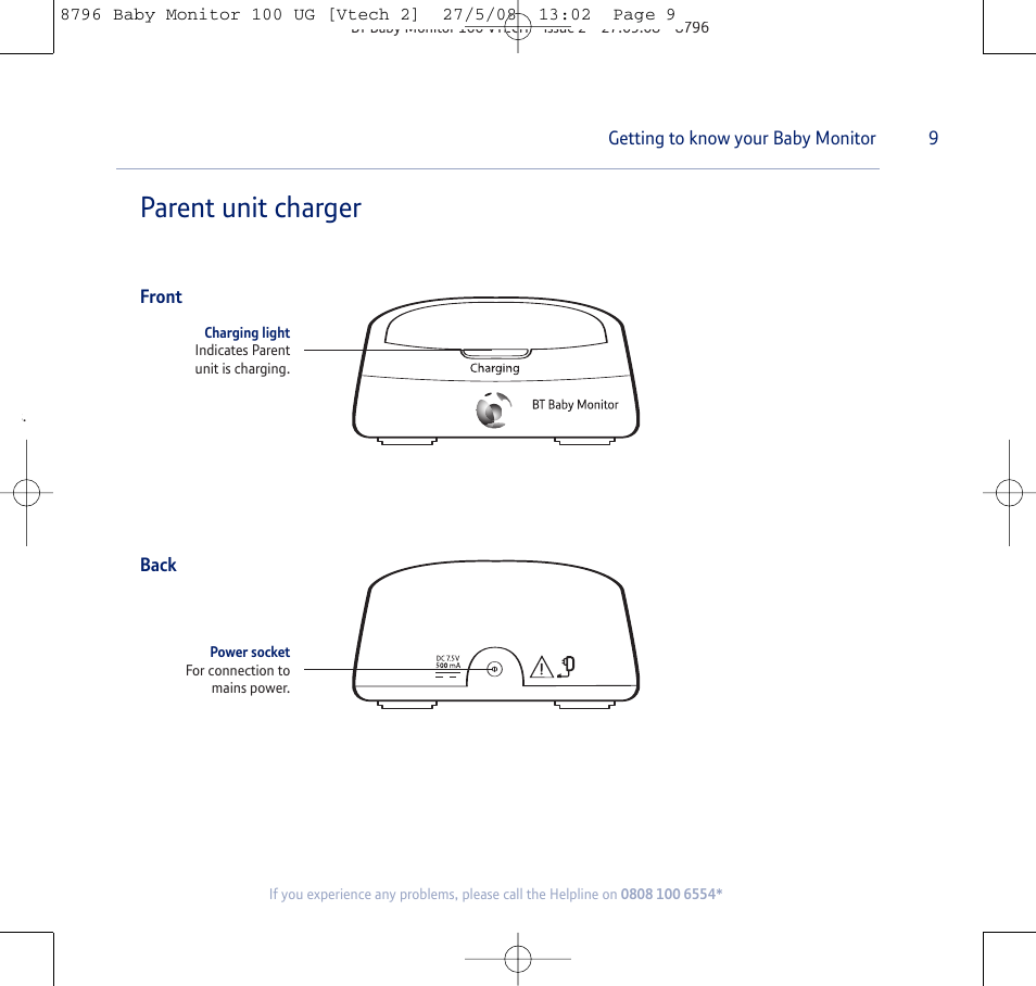 Parent unit charger | BT VTECH User Manual | Page 9 / 24