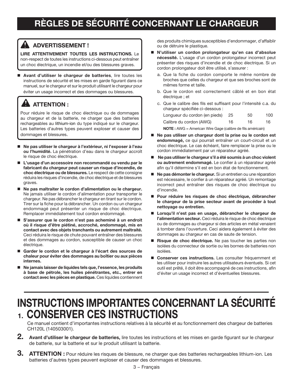 Conserver ces instructions, Instructions importantes concernant la sécurité, Règles de sécurité concernant le chargeur | Ryobi CH120L User Manual | Page 11 / 28