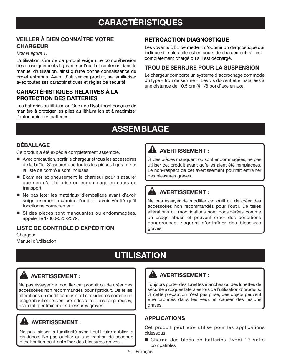 Assemblage, Caractéristiques, Utilisation | Ryobi CH120L User Manual | Page 13 / 28