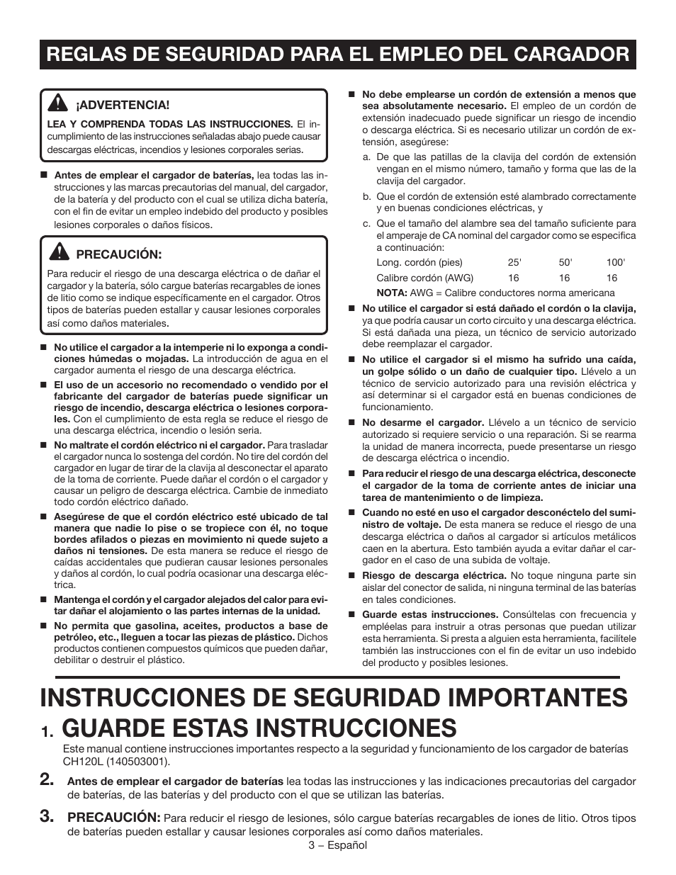 Instrucciones de seguridad importantes, Guarde estas instrucciones, Reglas de seguridad para el empleo del cargador | Ryobi CH120L User Manual | Page 19 / 28