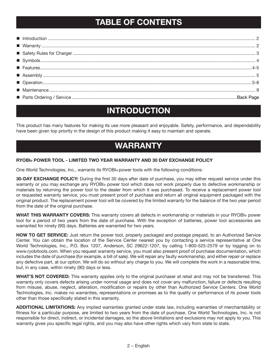 Table of contents introduction, Warranty | Ryobi CH120L User Manual | Page 2 / 28