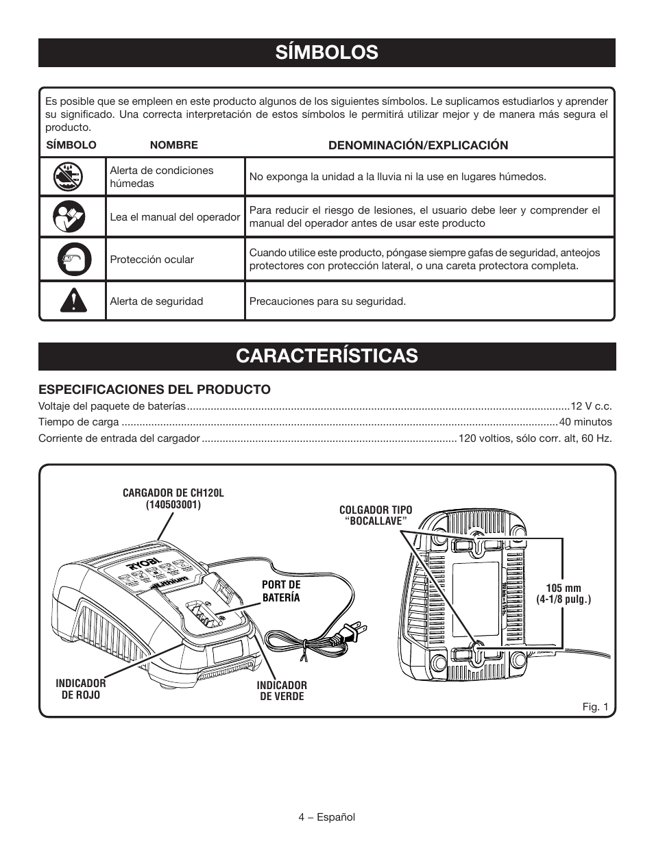 Símbolos características | Ryobi CH120L User Manual | Page 20 / 28