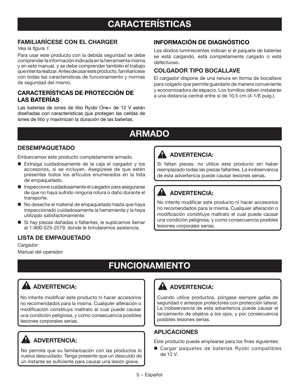 Armado, Características, Funcionamiento | Ryobi CH120L User Manual | Page 21 / 28