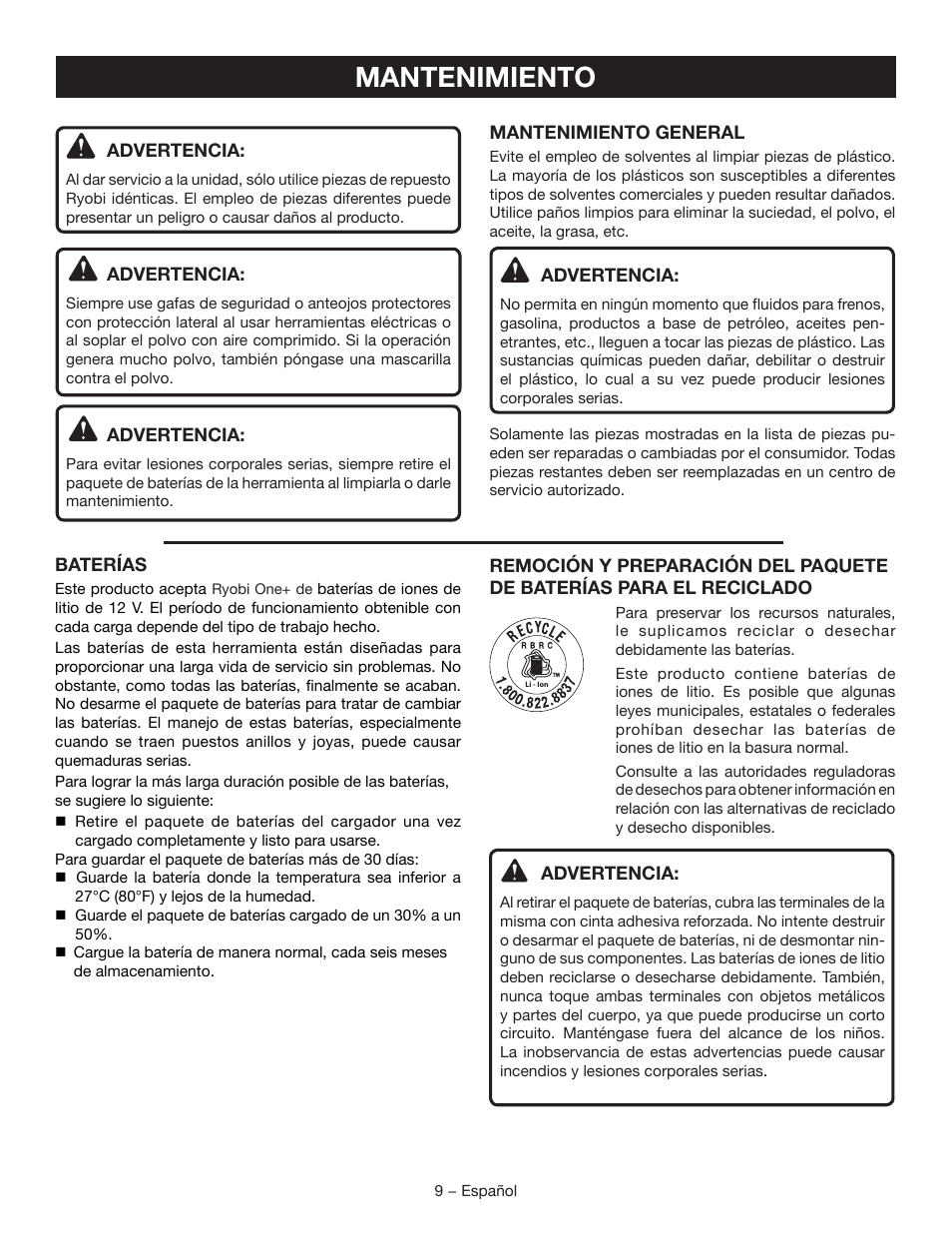 Mantenimiento | Ryobi CH120L User Manual | Page 25 / 28