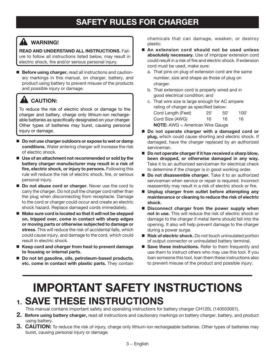 Important safety instructions, Save these instructions, Safety rules for charger | Ryobi CH120L User Manual | Page 3 / 28