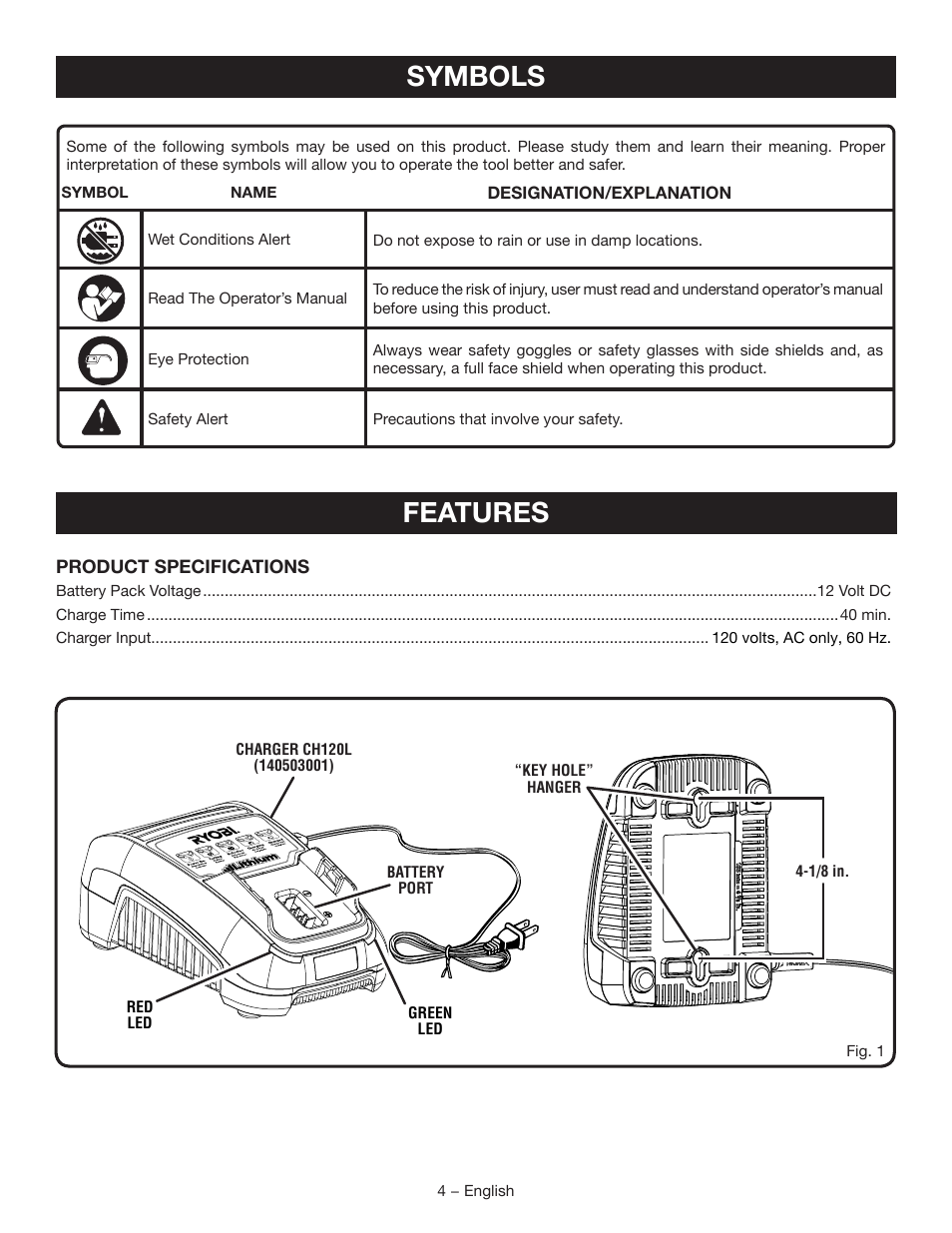 Symbols, Features | Ryobi CH120L User Manual | Page 4 / 28