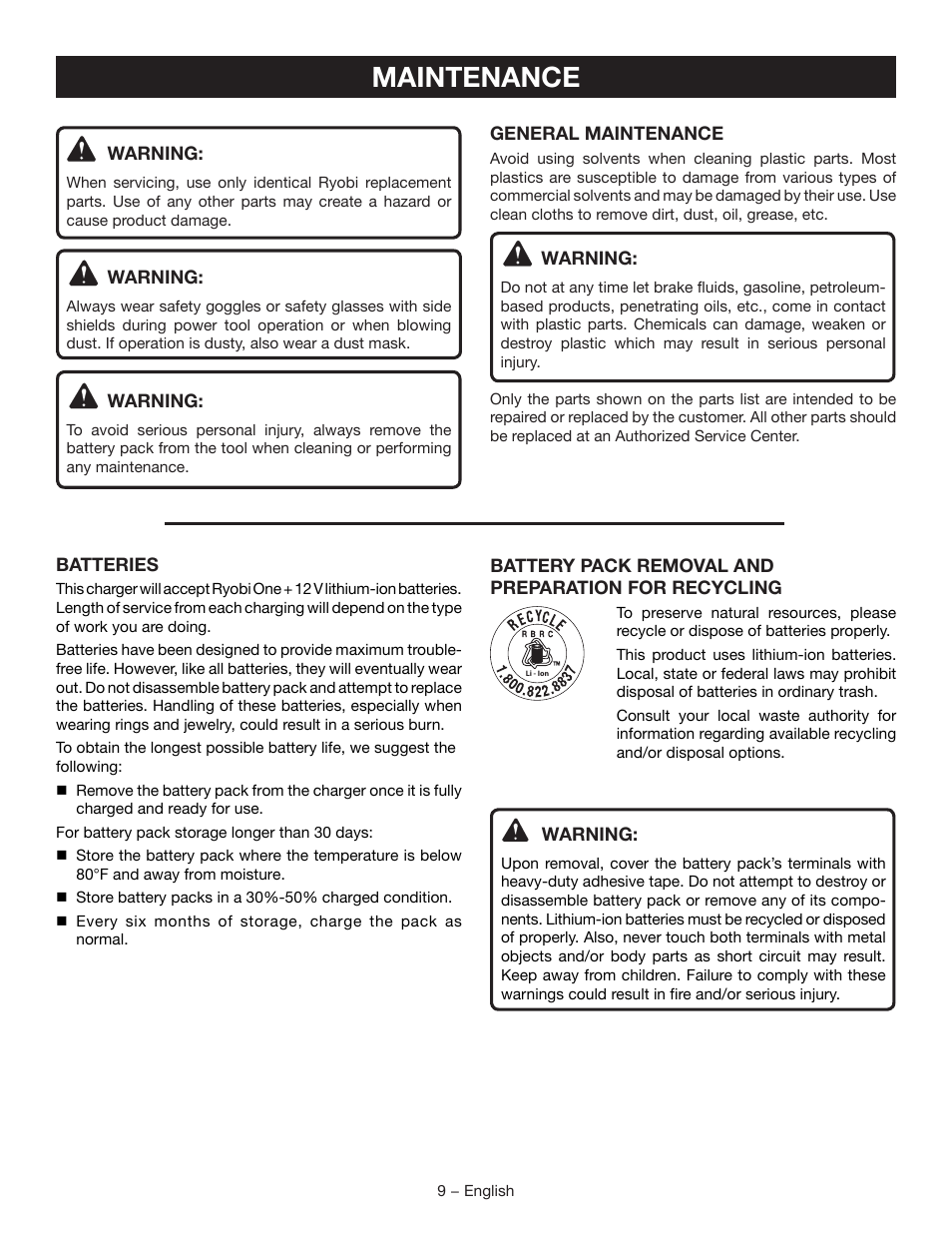 Maintenance | Ryobi CH120L User Manual | Page 9 / 28