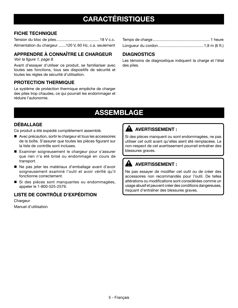 Caractéristiques, Assemblage | Ryobi P110 User Manual | Page 11 / 24