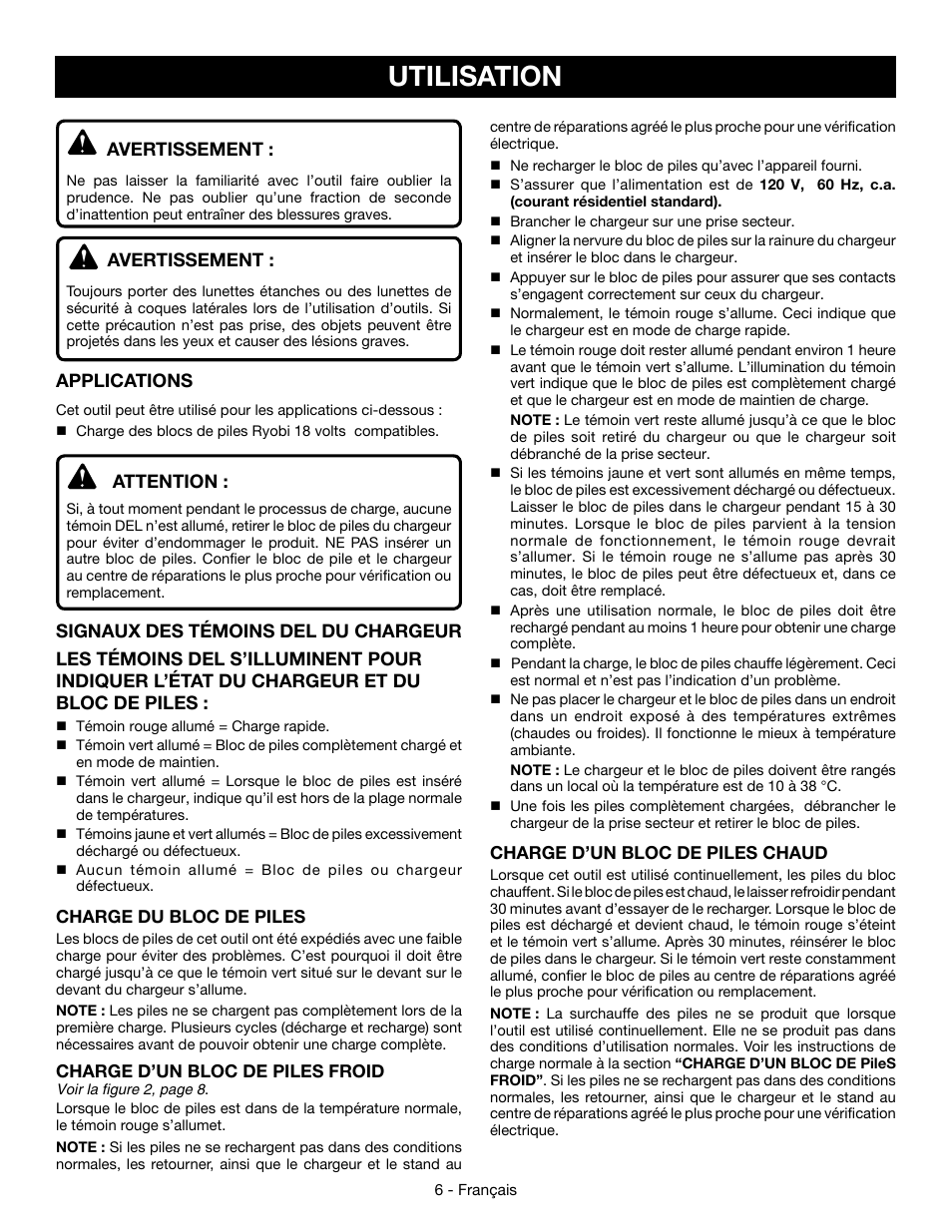 Utilisation, Avertissement, Applications | Attention | Ryobi P110 User Manual | Page 12 / 24