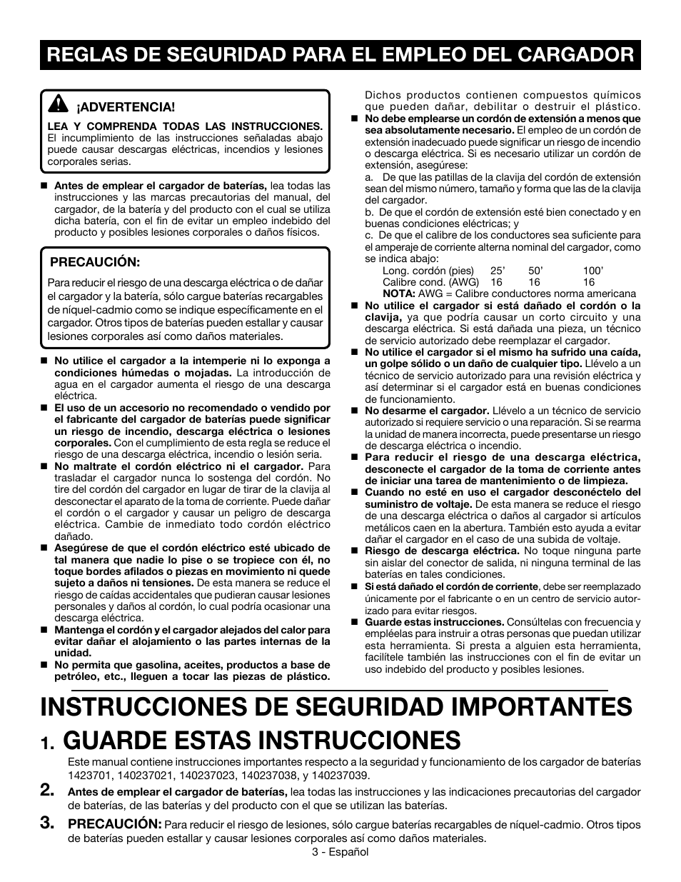 Instrucciones de seguridad importantes, Guarde estas instrucciones, Reglas de seguridad para el empleo del cargador | Ryobi P110 User Manual | Page 15 / 24