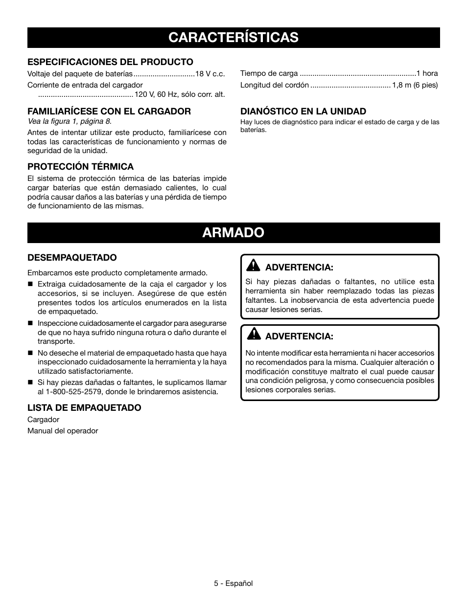 Características, Armado | Ryobi P110 User Manual | Page 17 / 24