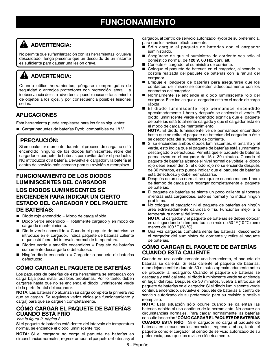 Funcionamiento, Advertencia, Aplicaciones | Precaución, Cómo cargar el paquete de baterías | Ryobi P110 User Manual | Page 18 / 24