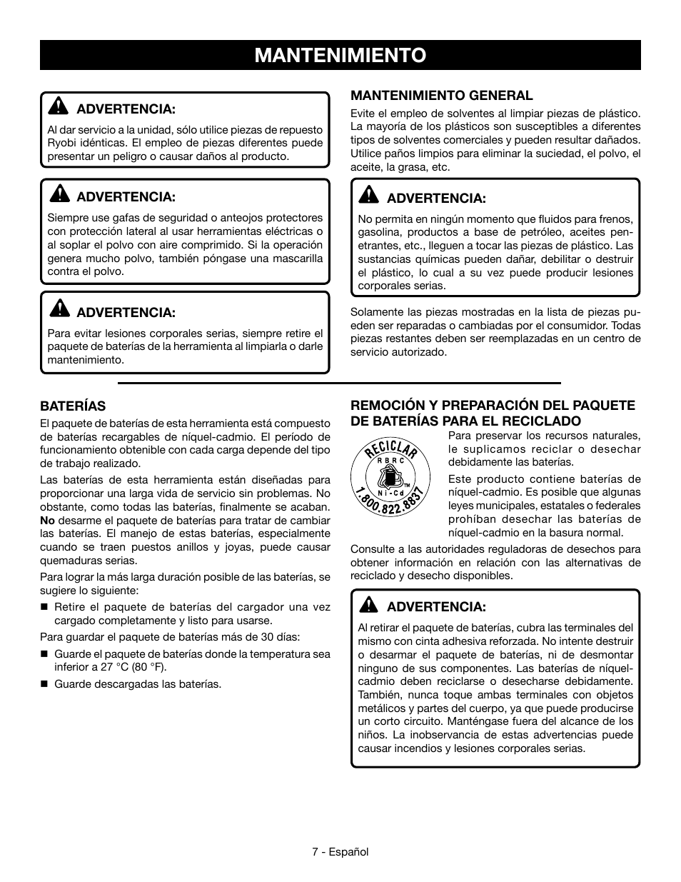 Mantenimiento | Ryobi P110 User Manual | Page 19 / 24