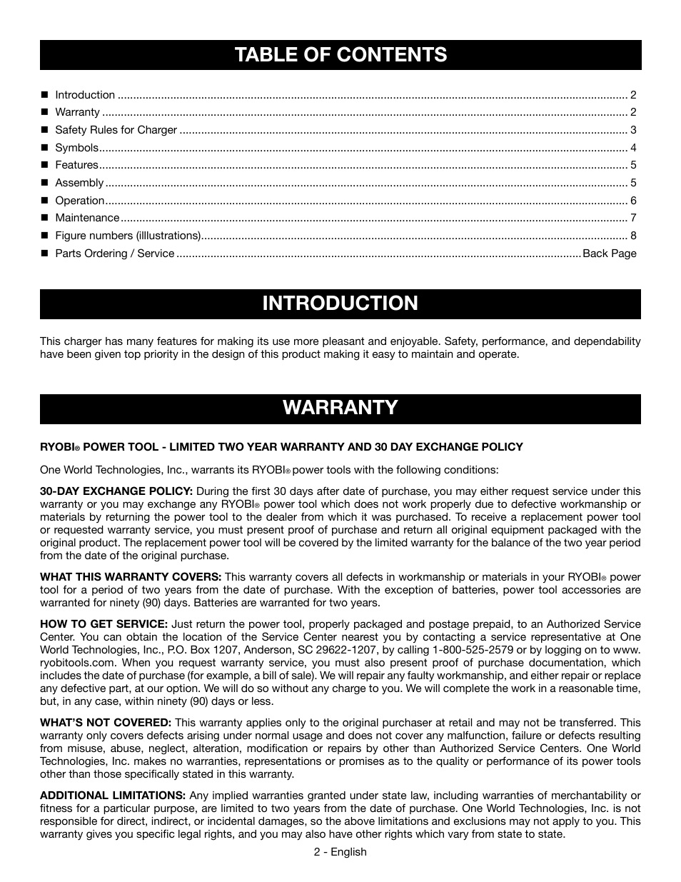 Table of contents introduction, Warranty | Ryobi P110 User Manual | Page 2 / 24