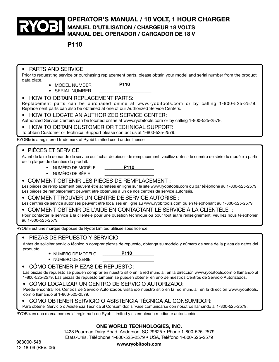 Operator’s manual / 18 volt, 1 hour charger, P110 | Ryobi P110 User Manual | Page 24 / 24
