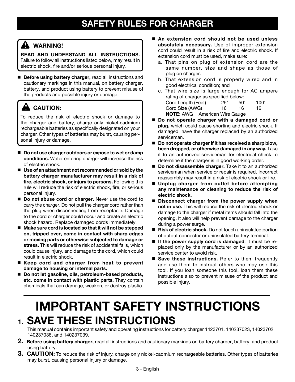 Important safety instructions, Save these instructions, Safety rules for charger | Ryobi P110 User Manual | Page 3 / 24
