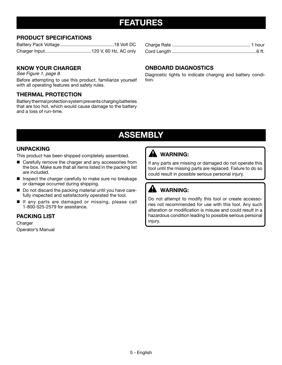 Features, Assembly | Ryobi P110 User Manual | Page 5 / 24