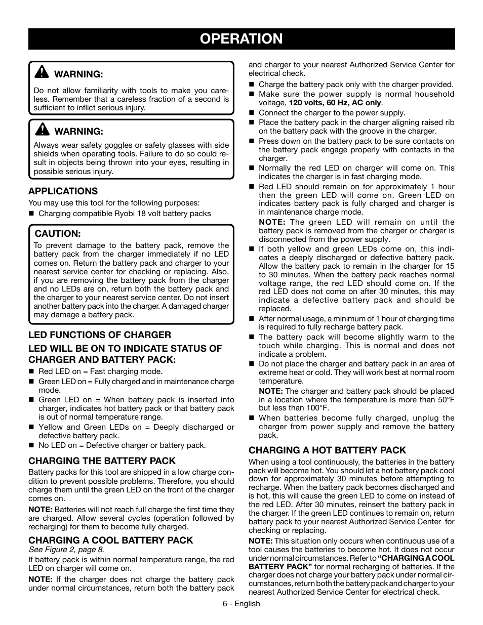 Operation | Ryobi P110 User Manual | Page 6 / 24