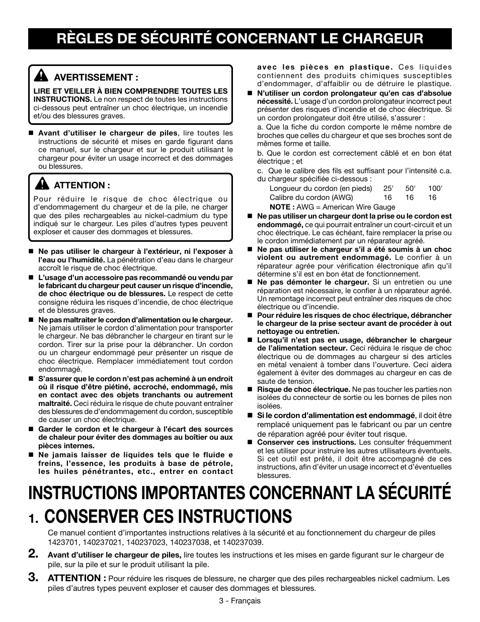 Conserver ces instructions, Instructions importantes concernant la sécurité, Règles de sécurité concernant le chargeur | Ryobi P110 User Manual | Page 9 / 24