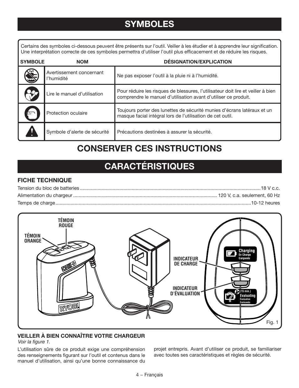 Symboles, Caractéristiques, Conserver ces instructions | Ryobi P111 User Manual | Page 10 / 20