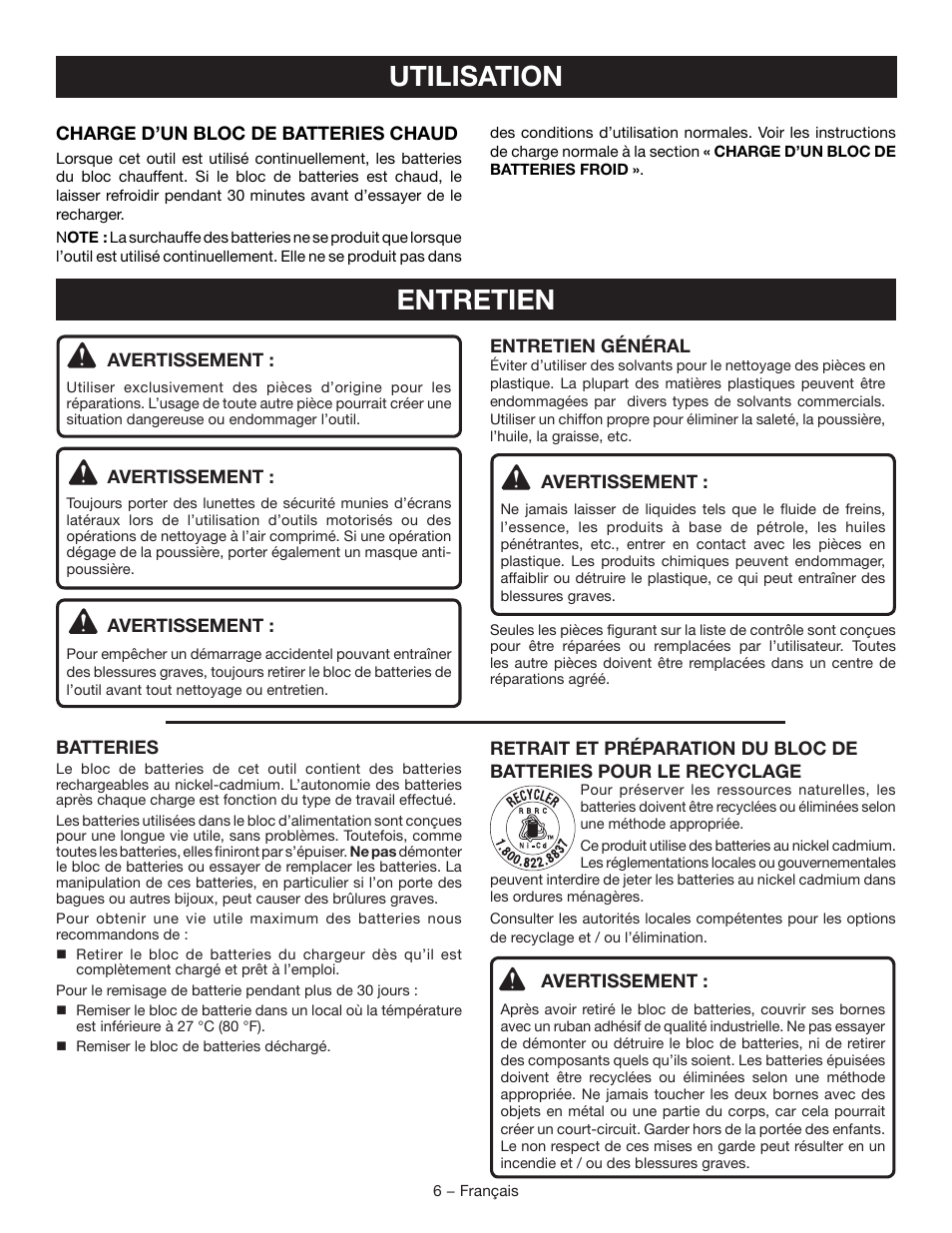 Utilisation, Entretien | Ryobi P111 User Manual | Page 12 / 20