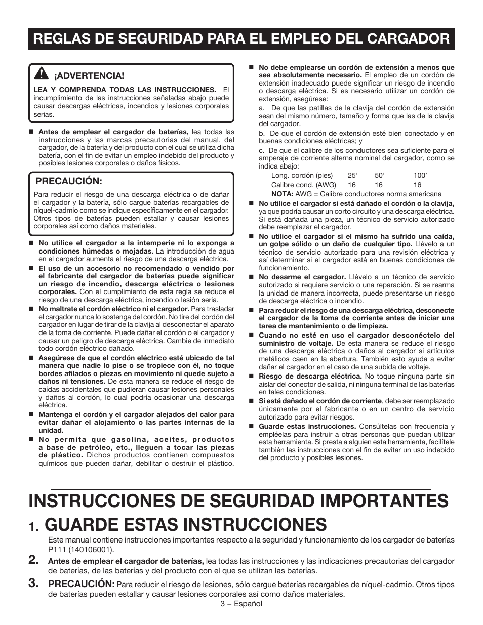 Instrucciones de seguridad importantes, Guarde estas instrucciones, Reglas de seguridad para el empleo del cargador | Ryobi P111 User Manual | Page 15 / 20