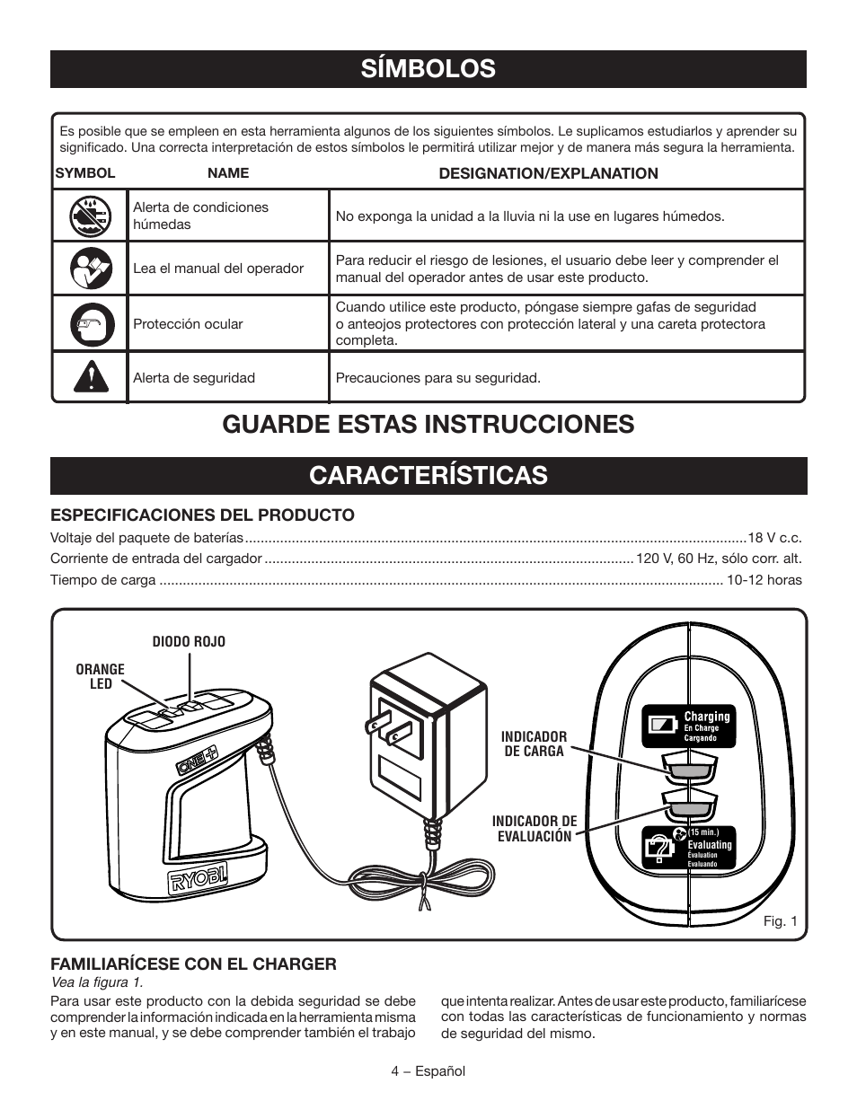 Símbolos, Características, Guarde estas instrucciones | Ryobi P111 User Manual | Page 16 / 20