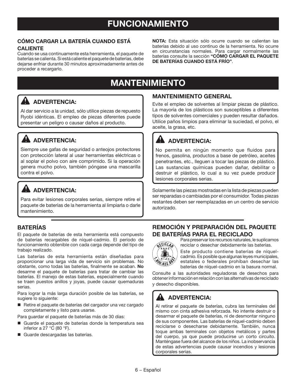 Funcionamiento, Mantenimiento | Ryobi P111 User Manual | Page 18 / 20