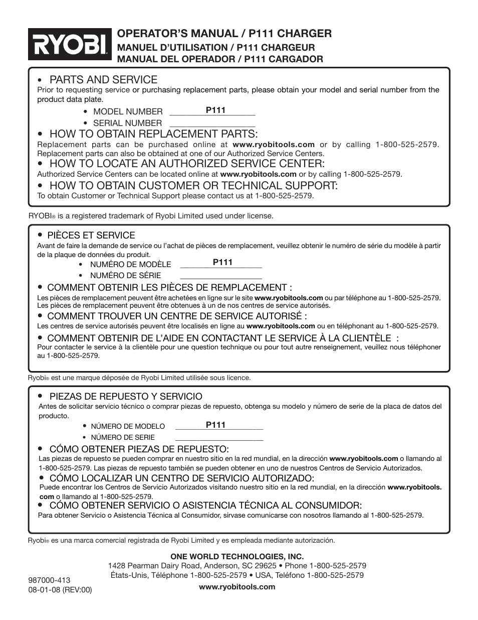 Parts and service, How to obtain replacement parts, How to locate an authorized service center | How to obtain customer or technical support, Operator’s manual / p111 charger | Ryobi P111 User Manual | Page 20 / 20