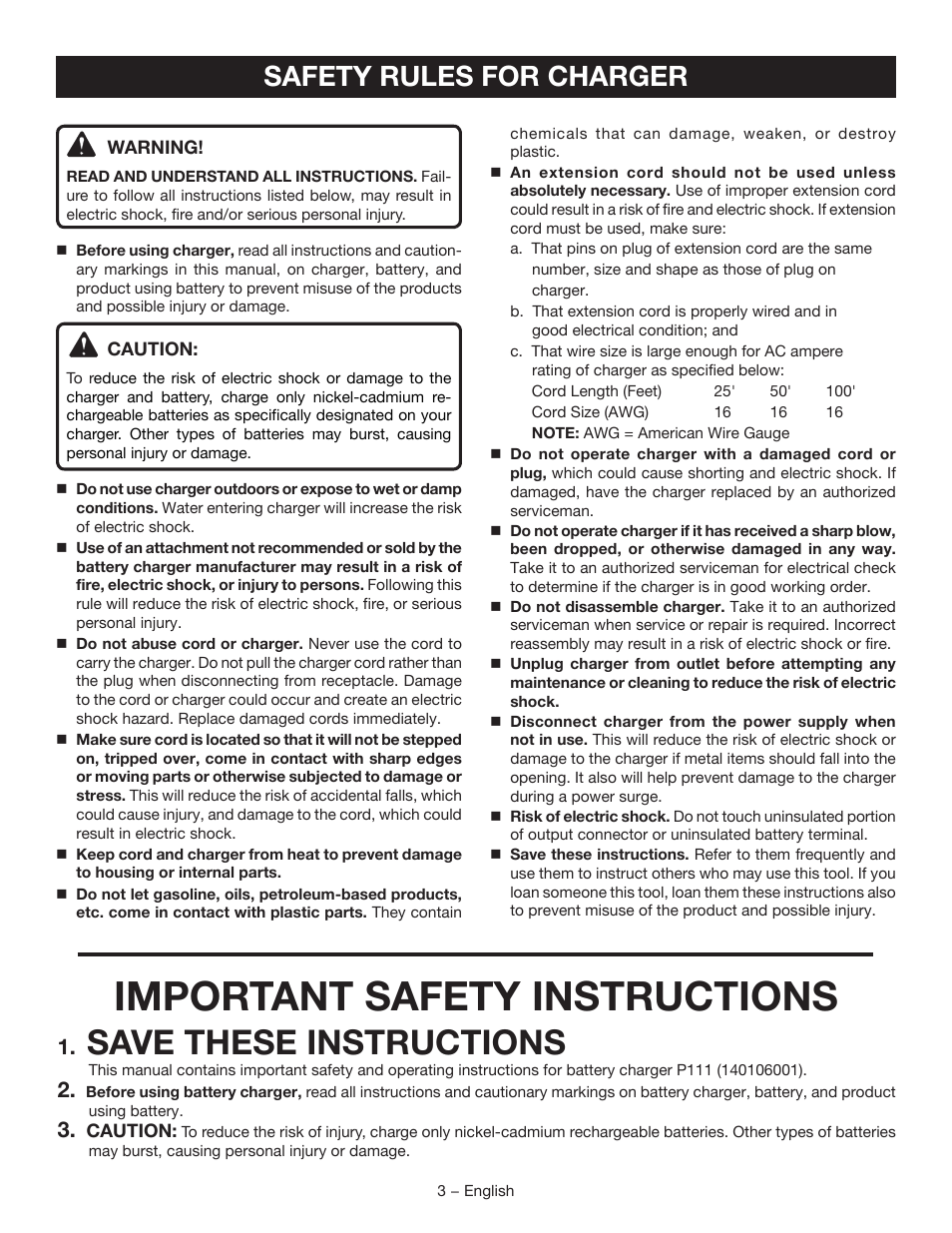 Important safety instructions, Save these instructions, Safety rules for charger | Ryobi P111 User Manual | Page 3 / 20