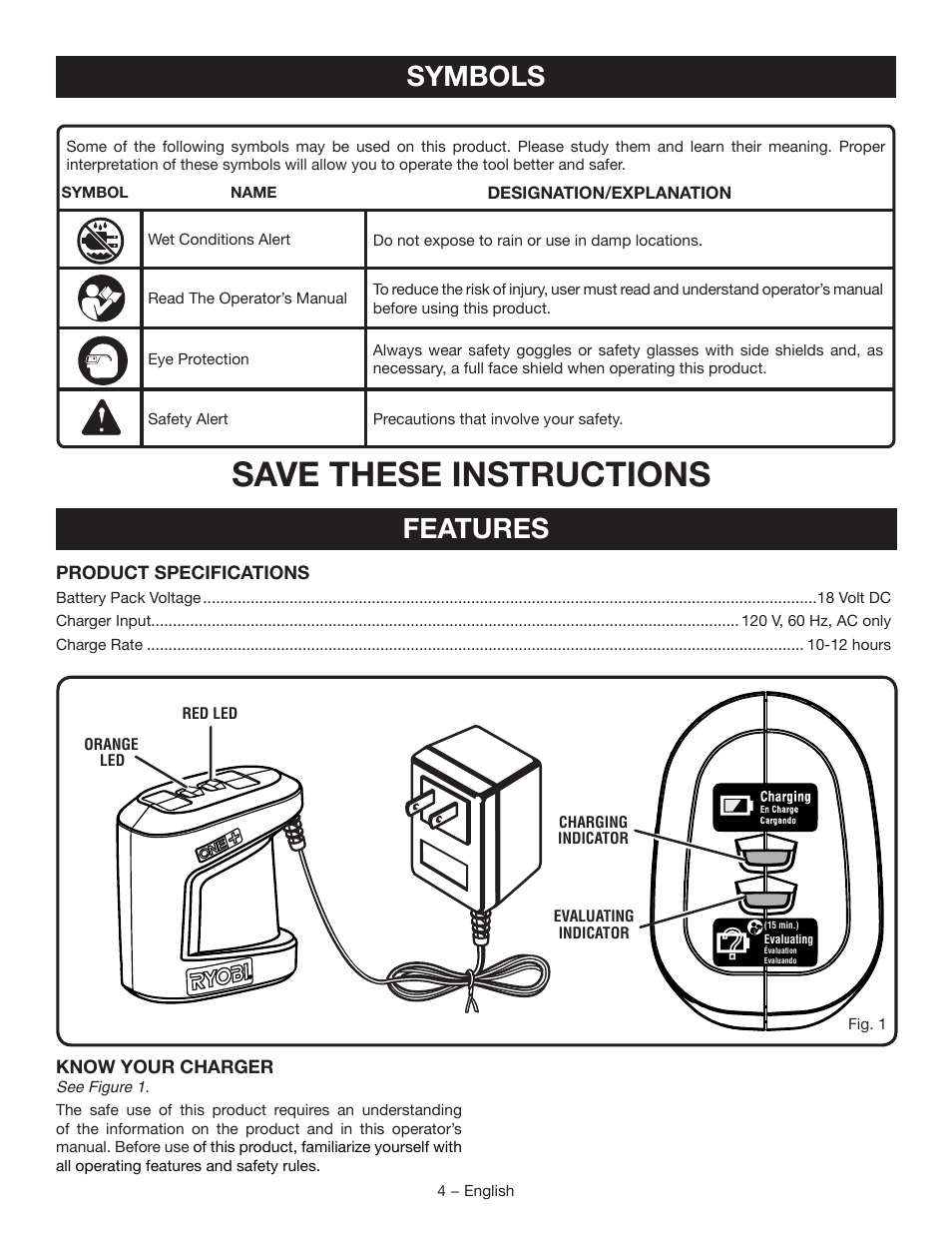 Save these instructions, Symbols, Features | Ryobi P111 User Manual | Page 4 / 20