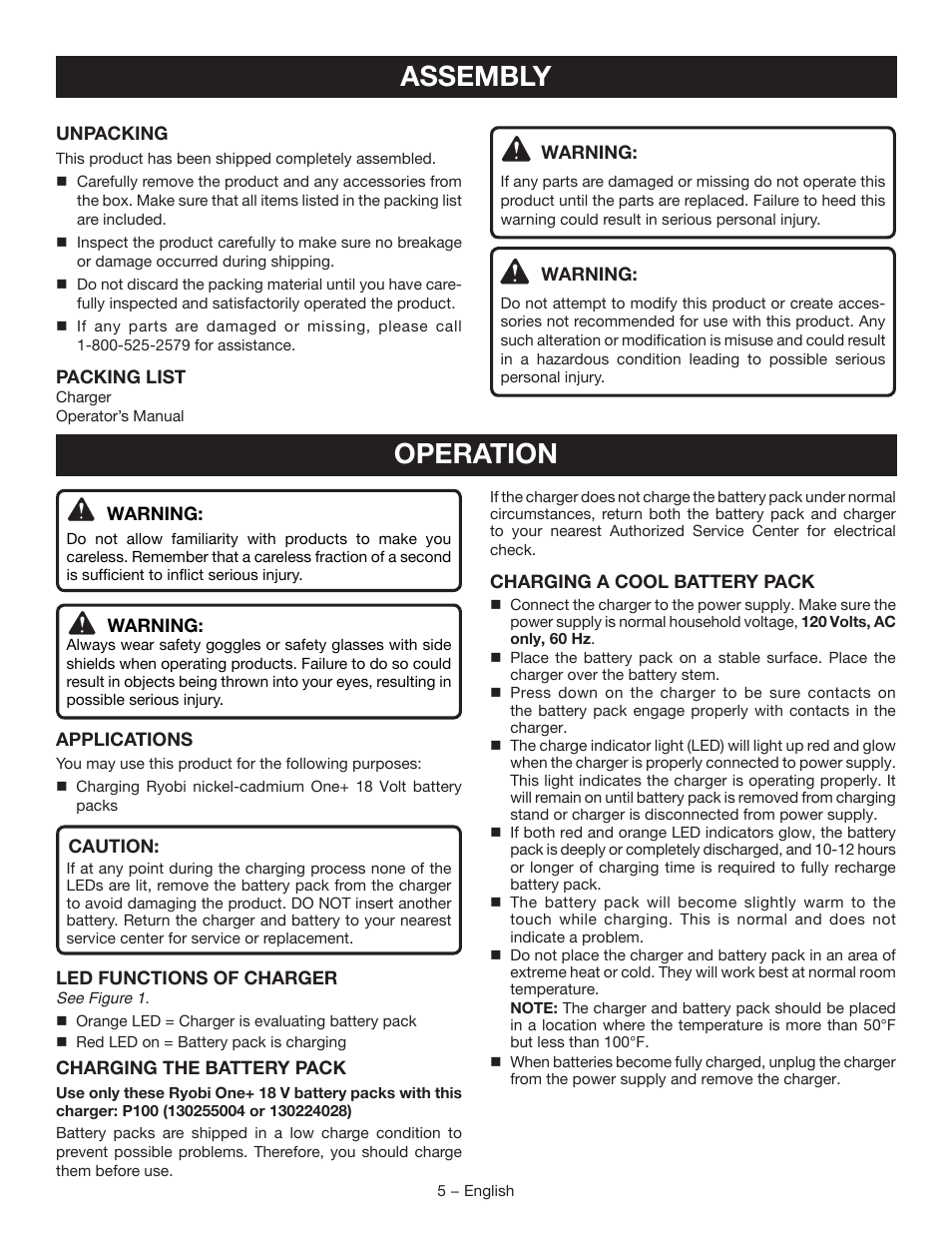 Assembly, Operation | Ryobi P111 User Manual | Page 5 / 20