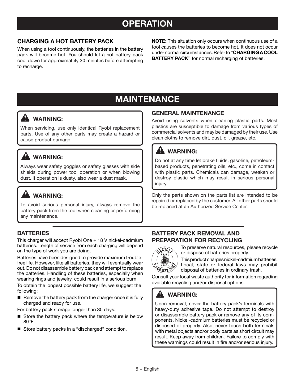 Operation, Maintenance | Ryobi P111 User Manual | Page 6 / 20