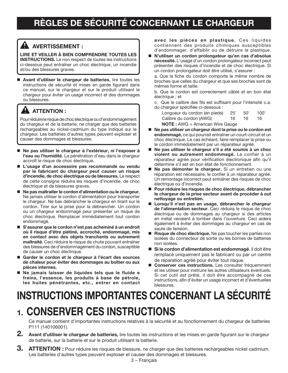 Conserver ces instructions, Instructions importantes concernant la sécurité, Règles de sécurité concernant le chargeur | Ryobi P111 User Manual | Page 9 / 20